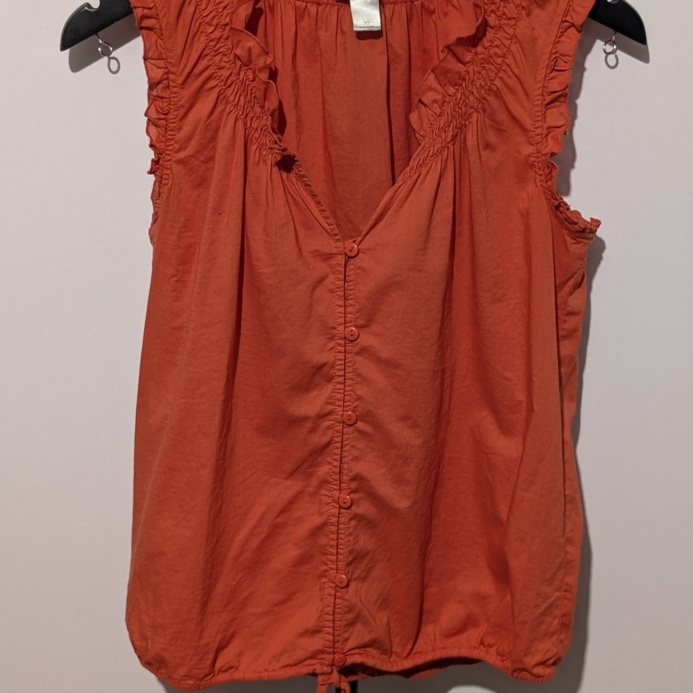LOFT Orange Ruffle Sleeveless Blouse Drawstring Hem XS